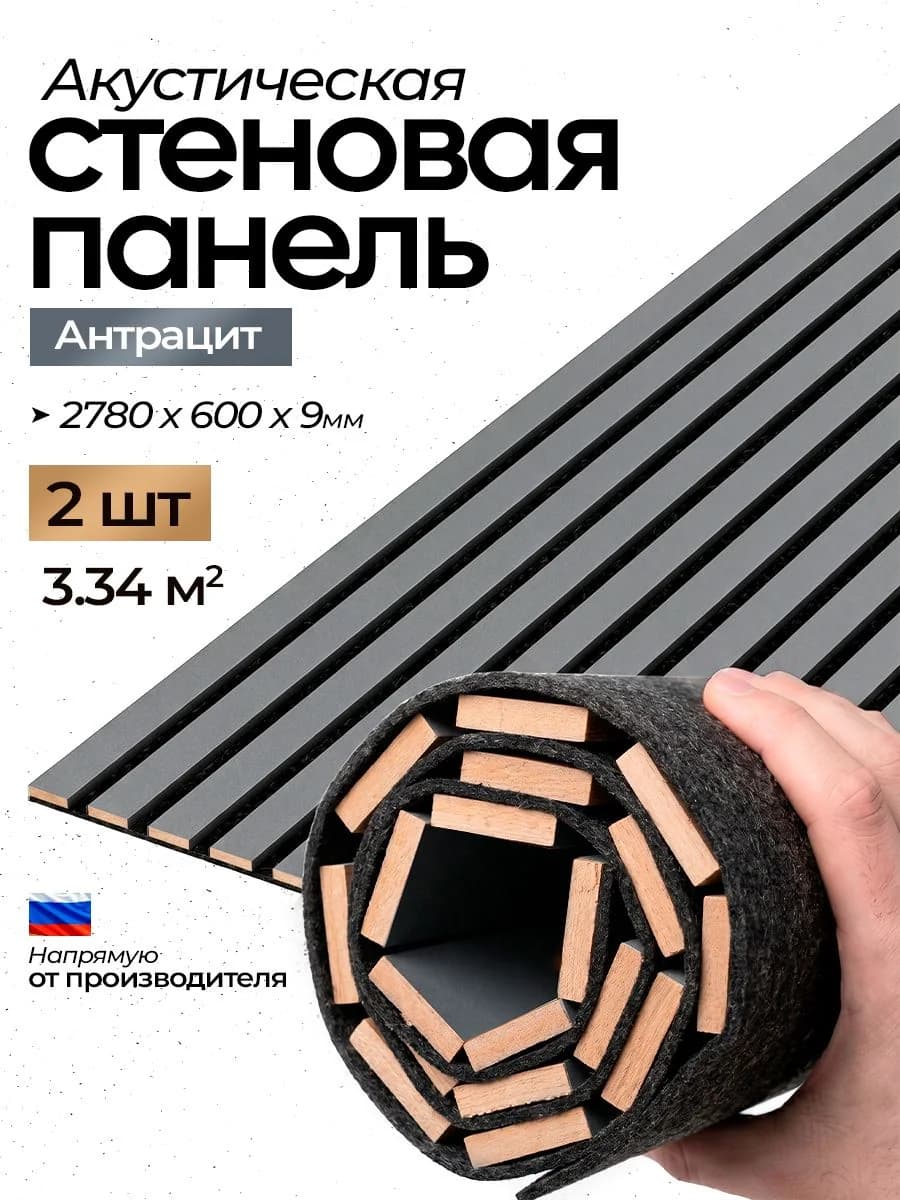 Акустическая реечная стеновая панель длинная 2шт, Антрацит, 2780х600х9 мм, PLASTWOOD